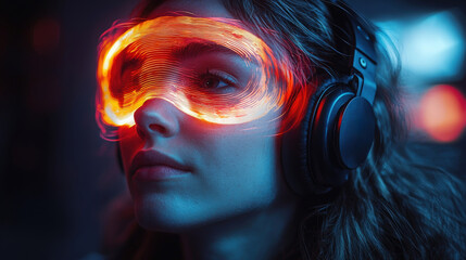 A woman wearing glowing headphones and light-up goggles in a dark setting at night