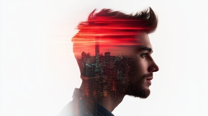 A profile of a man mixed with a city skyline at sunset, symbolizing urban life and identity fusion through double exposure photography techniques.