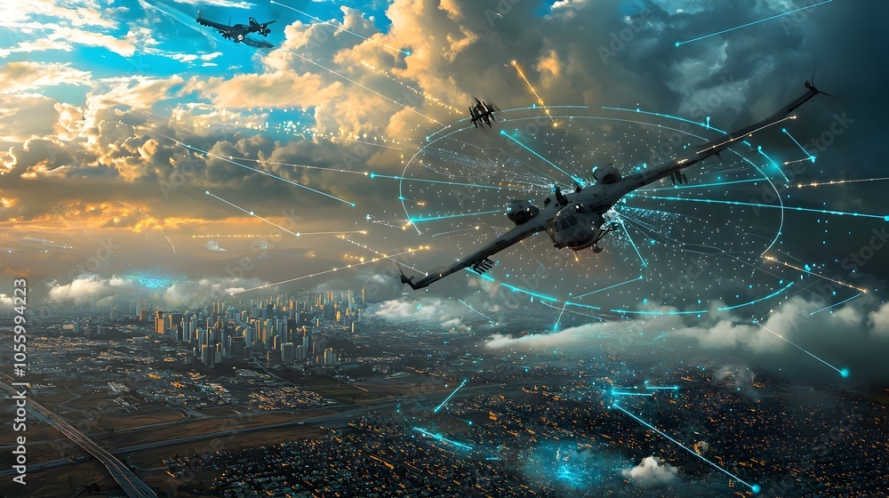 Leinwandbilder an aerial view of a futuristic city with a skyline protected by a network of radar arrays and missil