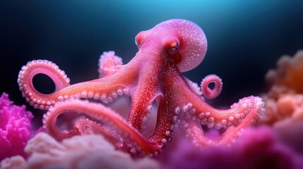 A breathtaking pink octopus with sparkling skin and sleek tentacles drifts among the coral, adding a magical touch to the harmonious underwater setting.