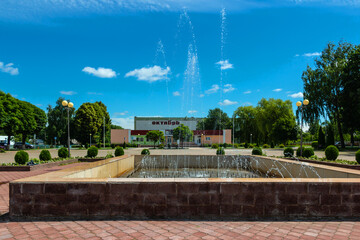 Central square in the city of Chechersk on a sunny summer day, Gomel region, Belarus