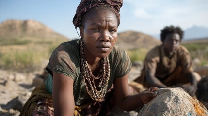 A woman adorned with traditional jewelry and attire works diligently in a rugged, sunlit landscape. Hills and vegetation form the background of her diligent task.