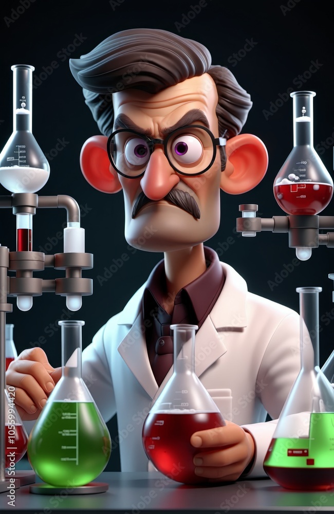 Poster animated scientist in laboratory with colorful experiments and beakers