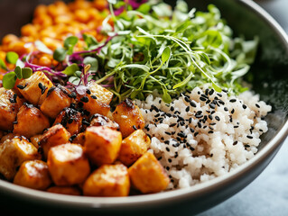 Close-up of healthy food meal including meat, pock or chicken vegetable, rice for energy and diet