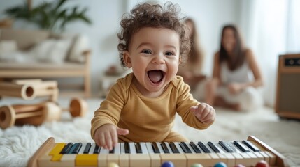 A cheerful baby with curly hair joyfully plays on a colorful keyboard in a cozy living room, expressing innocence, curiosity, and vibrant lifestyle.