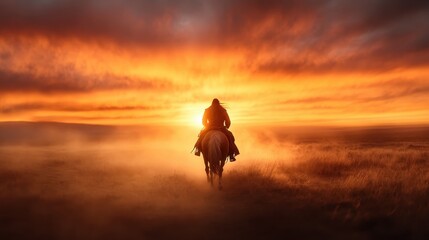 A lone horse rider silhouetted against a dramatic, vibrant sunset sky, galloping across an open plain, embodying the spirit of freedom and adventure.