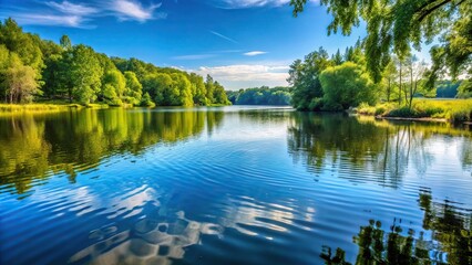 Obraz premium Serene lake on a sunny day with gentle ripples and surrounding trees, water, sunny day