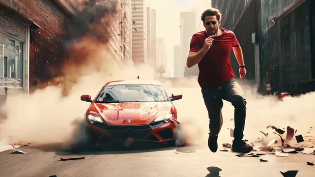 Action shot with man running away from explosion and cars. Dynamic scene in action movie blockbuster style
