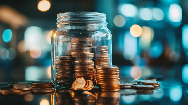 Jar of coins surrounded by scattered coins in a blurry background