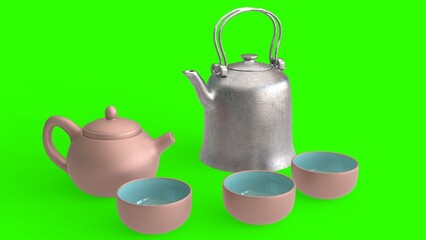 cup and kettle with green background