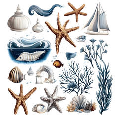 sea elements, sea set, illustration, ship, fishes on white