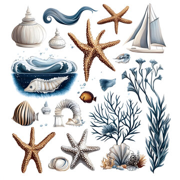 sea elements, sea set, illustration, ship, fishes on white