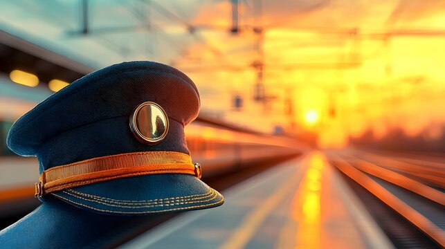 Close up view of a conductor s hat with a polished badge set against a blurred train platform and vibrant sunset sky capturing the essence of public transportation and the daily commute