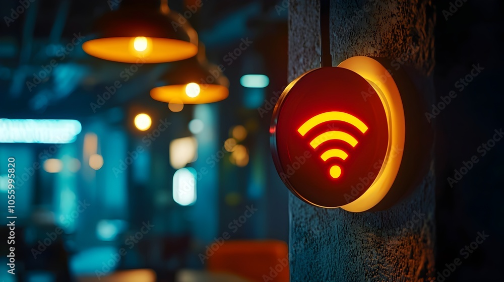 Poster closeup of a bright glowing wifi signal icon in a cozy dimly lit lounge space within a hostel
