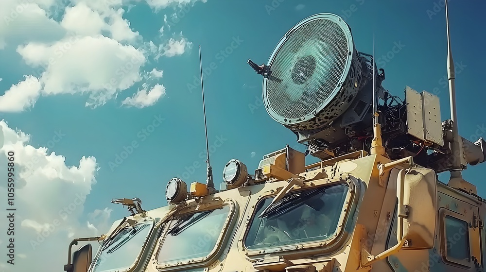 Poster close up view of an advanced radar system rotating atop a military vehicle utilizing cutting edge te