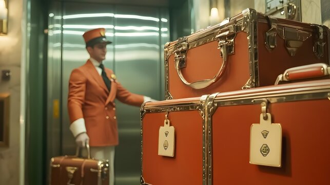 Closeup of a bellhop in uniform placing luxury luggage and suitcases onto a trolley cart with high end luggage tags visible near an elevator in a hotel or resort lobby
