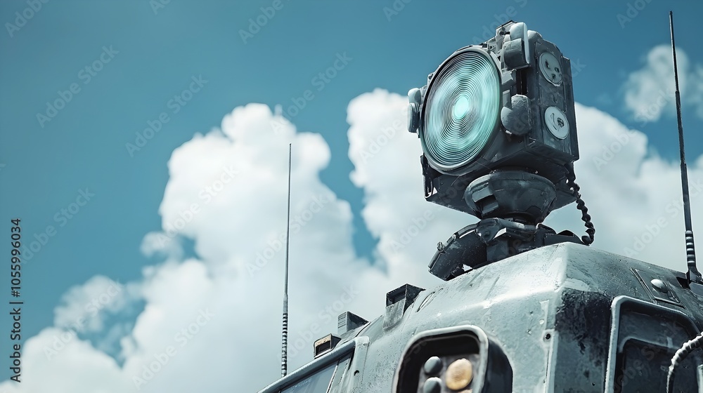 Poster closeup of an advanced radar system rotating atop a military vehicle scanning the sky for any inboun