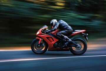 Dynamic motorcycle racing on the road with motion blur effect featuring red and black design