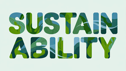 Fototapeta premium Creative text composition featuring the word 'SUSTAINABILITY' with green leaves and flowing patterns, evoking a sense of nature and eco-friendliness.