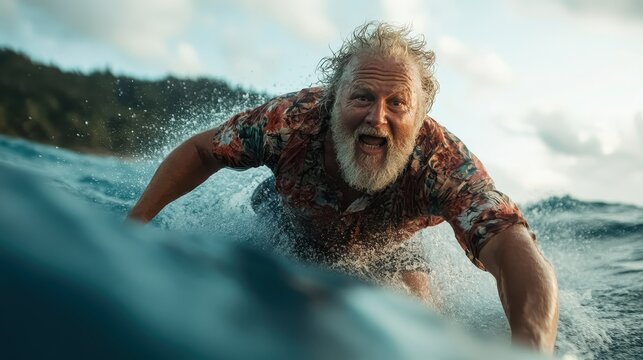 An adventurous older man wearing a floral shirt rides a wave with a joyful expression, capturing the essence of freedom and the thrill of surfing in the ocean.