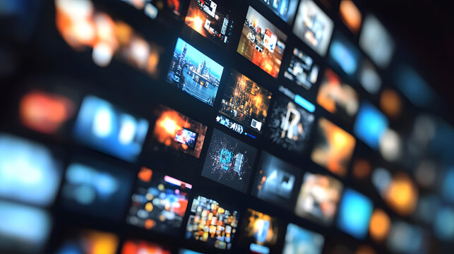 close-up view of a dynamic media wall displaying diverse multimedia content, representing technology, innovation, and modern entertainment platforms.