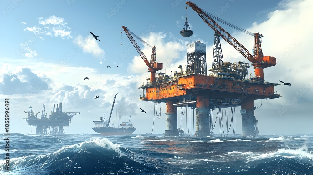 Poster Closeup view of a large offshore oil platform with towering cranes and extensive pipelines extending into the deep blue ocean