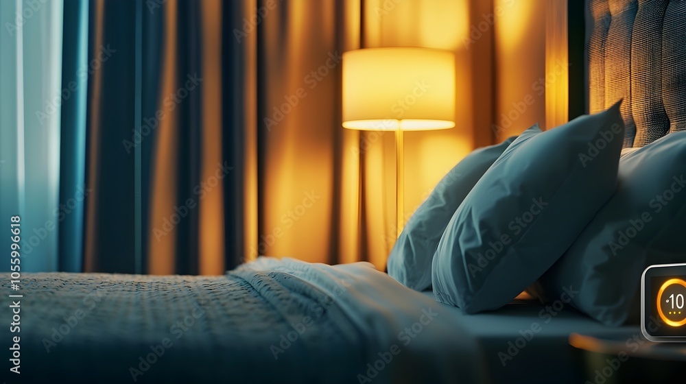 Aufkleber Closeup view of a smart thermostat device showcasing its temperature control and lighting automation features in a cozy guestroom interior