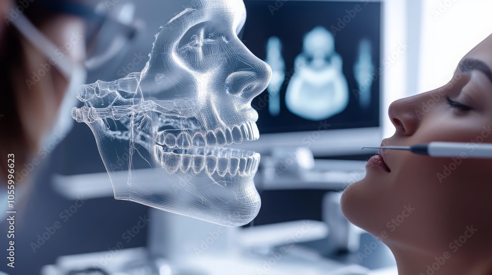 Poster a dental professional examines a patient while utilizing advanced imaging technology that overlays a