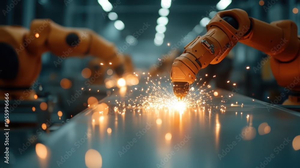 Aufkleber a robotic arm in a factory setting efficiently welds, producing bright sparks, symbolizing precision
