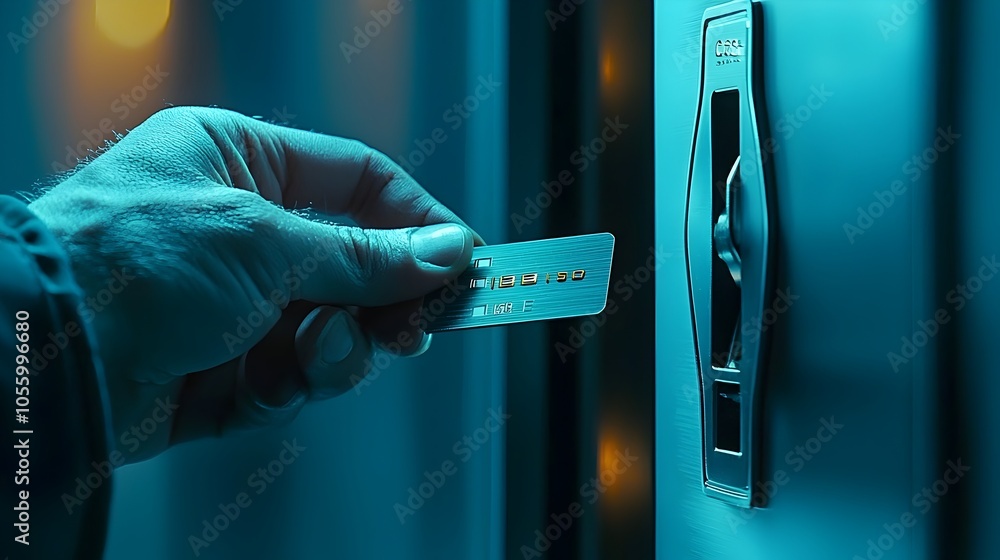 Poster closeup view of a hotel room keycard being inserted into an advanced electronic door lock emphasizin