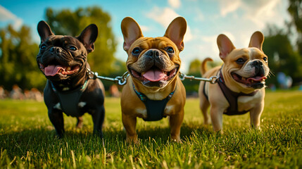 Fototapeta premium Three cute French bulldogs walking on leashes in the park, they all have different fur colors,