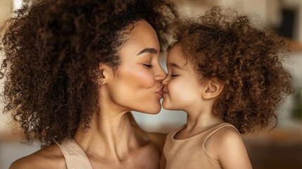 A heartwarming close-up captures a tender moment between a mother and child, sharing an affectionate kiss, radiating warmth, love, and familial connection.