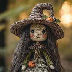 Nice halloween witch doll crocheted made of yarn wool beautiful holiday picture handmade decor design art creative craft 