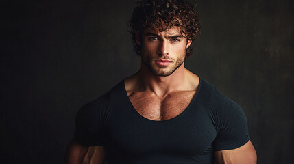 Muscular man with curly hair in confident stance