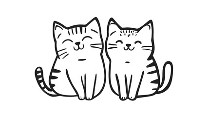 Fototapeta premium Black-and-white line drawing of two cheerful cats sitting together with striped tails and playful expressions, perfect for designs, prints, or children’s illustrations.