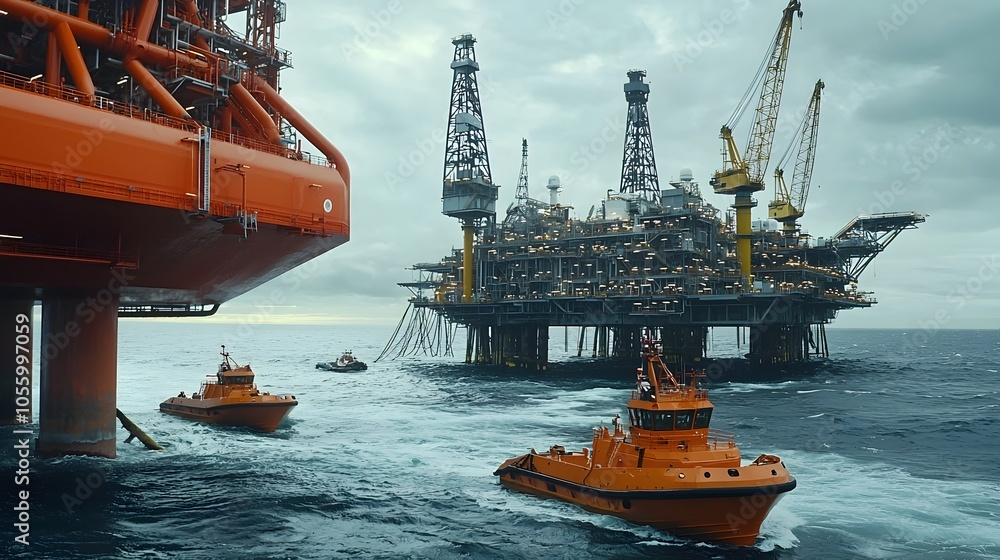 Poster closeup view of an offshore oil platform with towering cranes and extensive pipelines extending into
