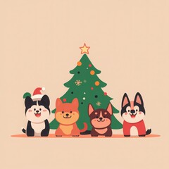 Cute Dogs Celebrating Around a Christmas Tree