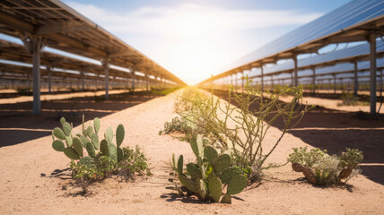 A vibrant desert landscape featuring green cacti and shrubs flourishing beneath solar panels, basking in the warm sunlight, showcasing harmony between technology and nature.