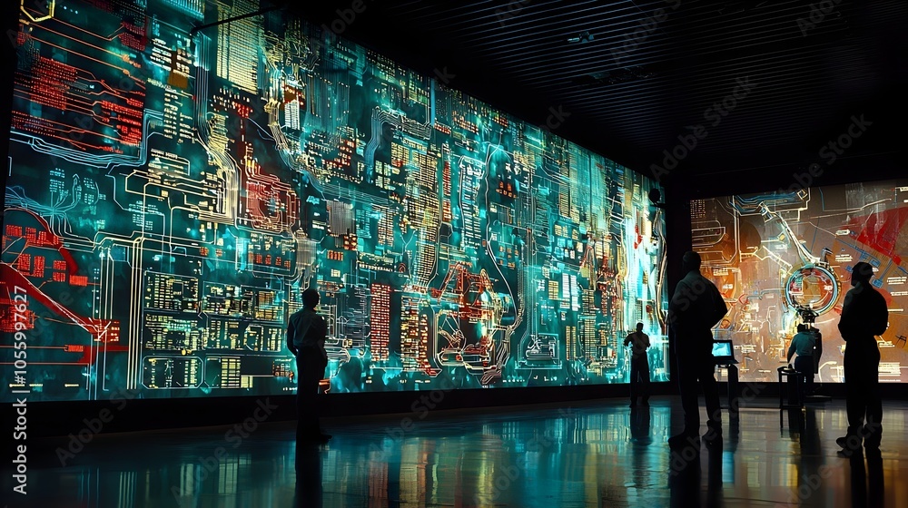 Poster control room of an oil company headquarters featuring large digital displays showing pipeline flow r