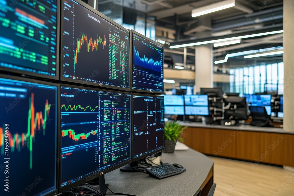 Poster a dynamic trading room filled with multiple screens showcasing varied market graphs and data
