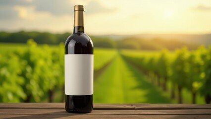 Fototapeta premium A bottle of wine sits on a wooden table, set against a backdrop of green vineyards and a beautiful sunset. The tranquil landscape enhances the wine's inviting presence