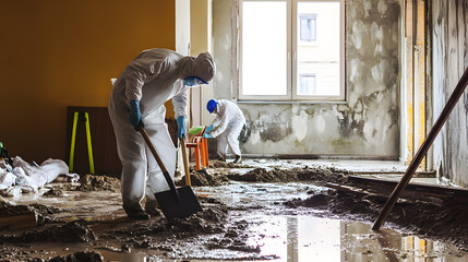 Two workers in protective suits removing mud and debris from a flood-damaged interior. A powerful scene depicting disaster recovery, resilience, and restoration efforts