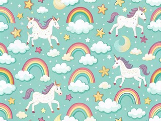 Whimsical Unicorn Pattern with Rainbows and Clouds for Minimalist Photography