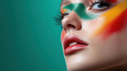 The side profile of a model with abstract facial paint art and vibrant color strokes across a bold teal backdrop symbolizes creativity and modern sophistication.