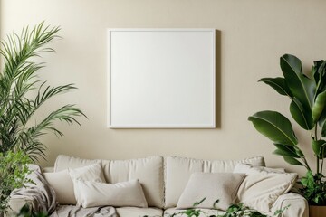 Product Mockup of a white plain frame hanging above a couch, house with home plants. 