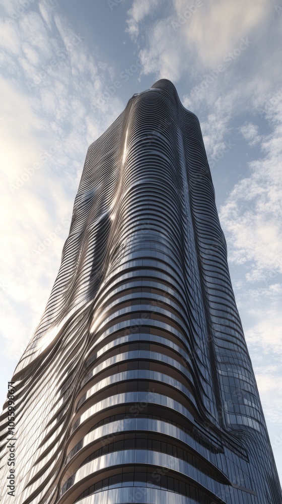 Poster a tall building with a lot of windows and a shiny, reflective surface