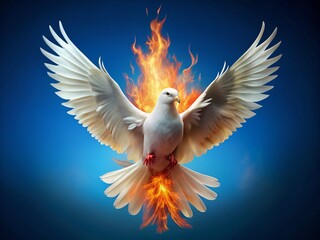 Obraz premium White Pigeon in Flight with Flames - Stunning Realistic Product Photography for Nature and Fantasy Themes