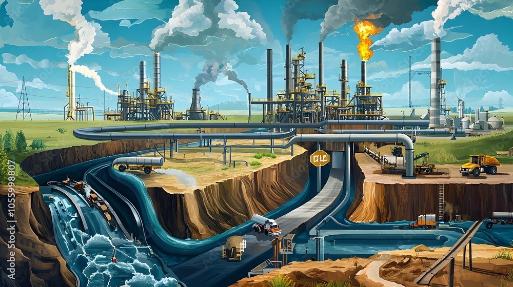 Poster detailed cross section diagram of an international oil pipeline network showing the flow of crude oi