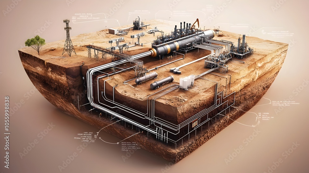 Poster detailed cross section diagram showcasing the comprehensive international oil pipeline system