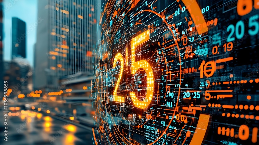 Poster Digital countdown numbers seamlessly switching from  00 00  to a bold glowing  2025  against a high contrast futuristic data display background  Concept of technological progress new year
